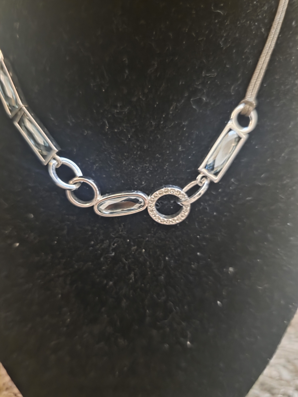 Silver & Blue Crystal Necklace with Brown Cord - Picture 5 of 5